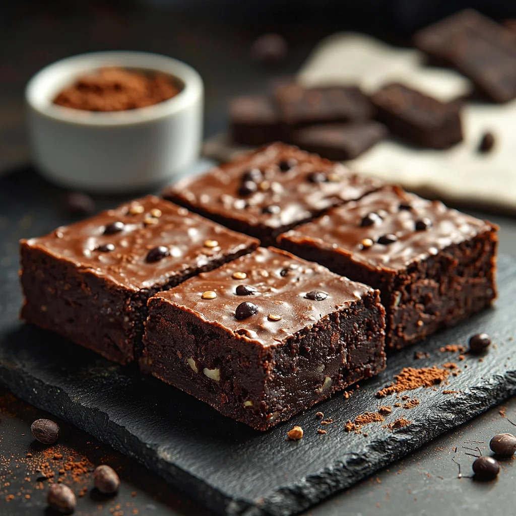 decadent black bean protein brownies with a glossy chocolate top and fudgy texture, served in a white ceramic dish