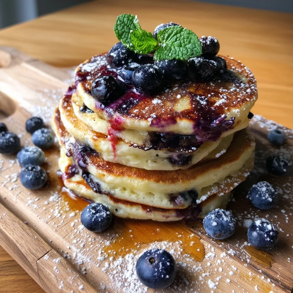 stack of fluffy blueberry banana protein pancakes with syrup dripping down the sides and fresh blueberries scattered on top