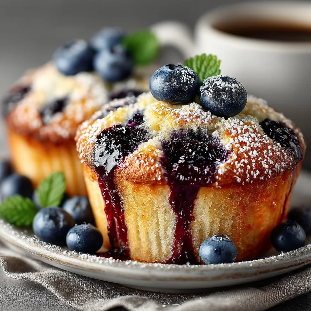 golden brown blueberry cottage cheese muffins with juicy berries bursting out, baked in a white ceramic dish