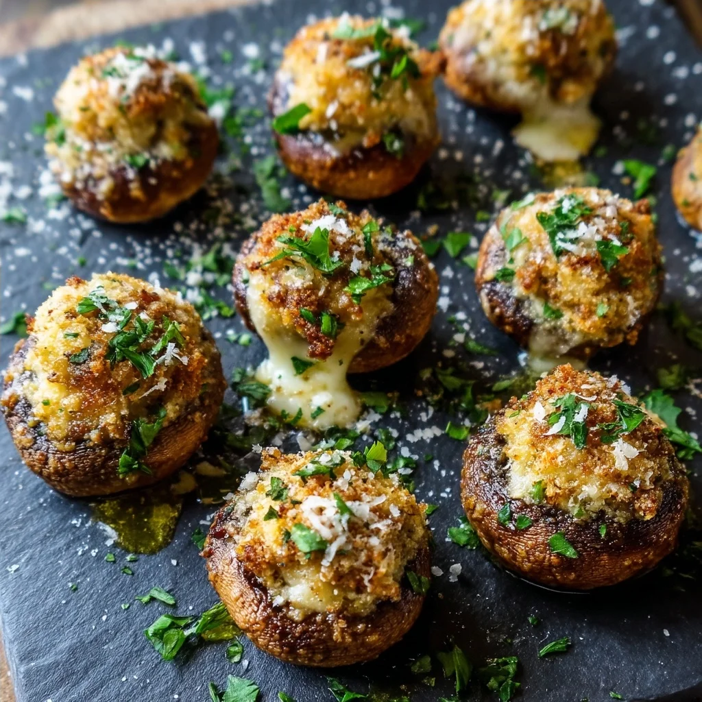 golden CC stuffed mushrooms with creamy filling bubbling in white ceramic dish, fresh parsley garnish