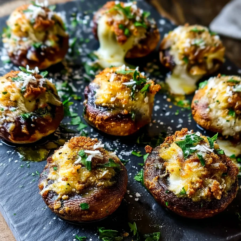 closeup of creamy CC stuffed mushrooms with golden edges, glossy sauce, and fresh herbs