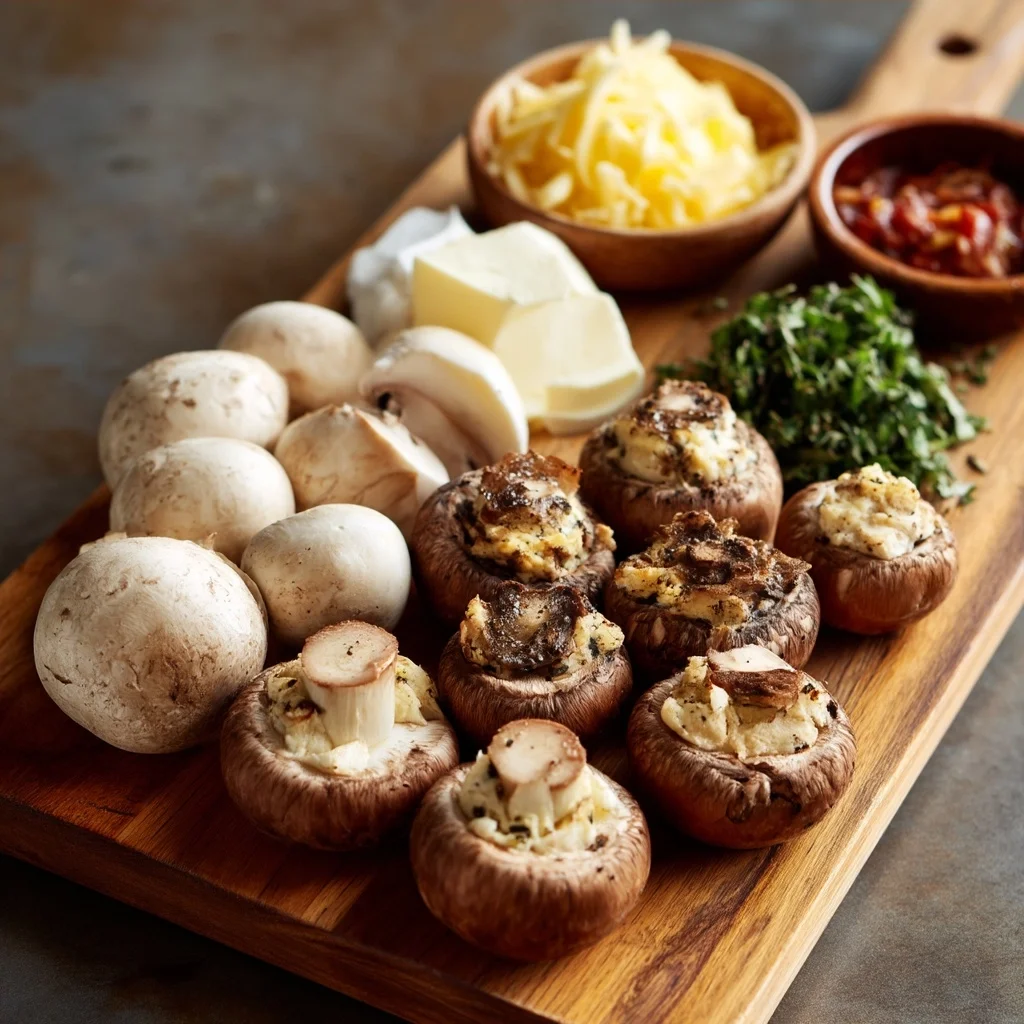 close-up of golden roasted CC stuffed mushrooms with creamy glaze and fresh parsley garnish in a white ceramic dish