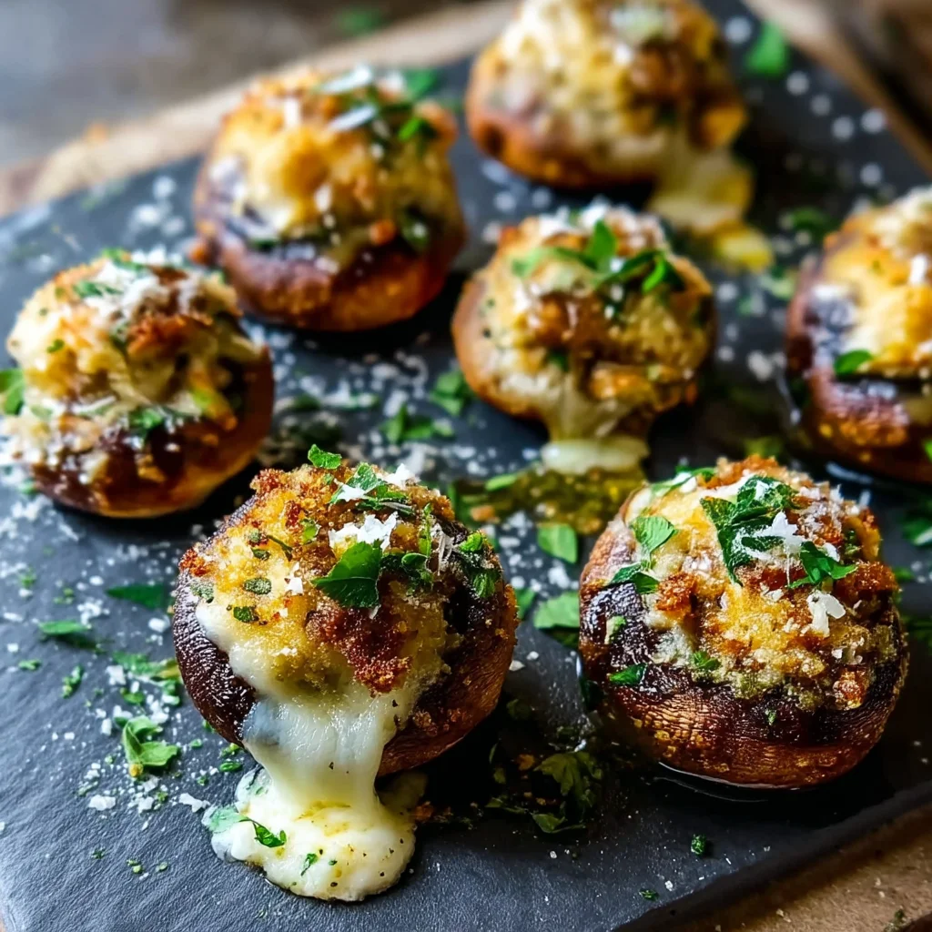 golden CC stuffed mushrooms with creamy filling bubbling in white ceramic dish, topped with fresh parsley