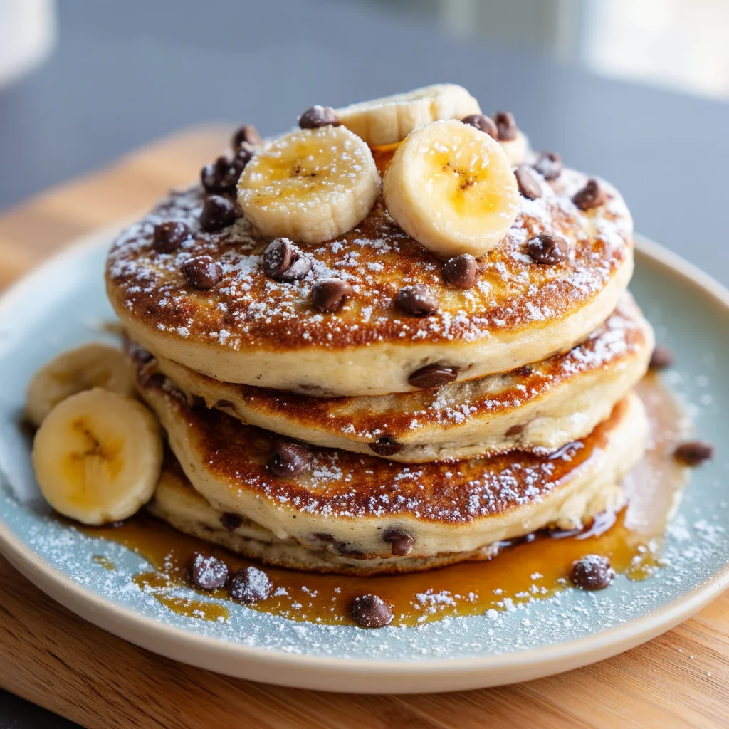 stack of fluffy chocolate chip banana protein pancakes drizzled with maple syrup and topped with banana slices