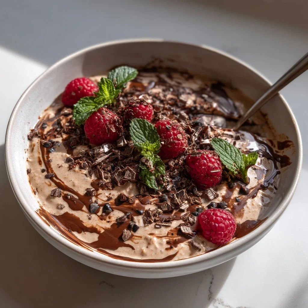 creamy chocolate overnight oats in a white bowl with cocoa powder dusting and fresh raspberries on top