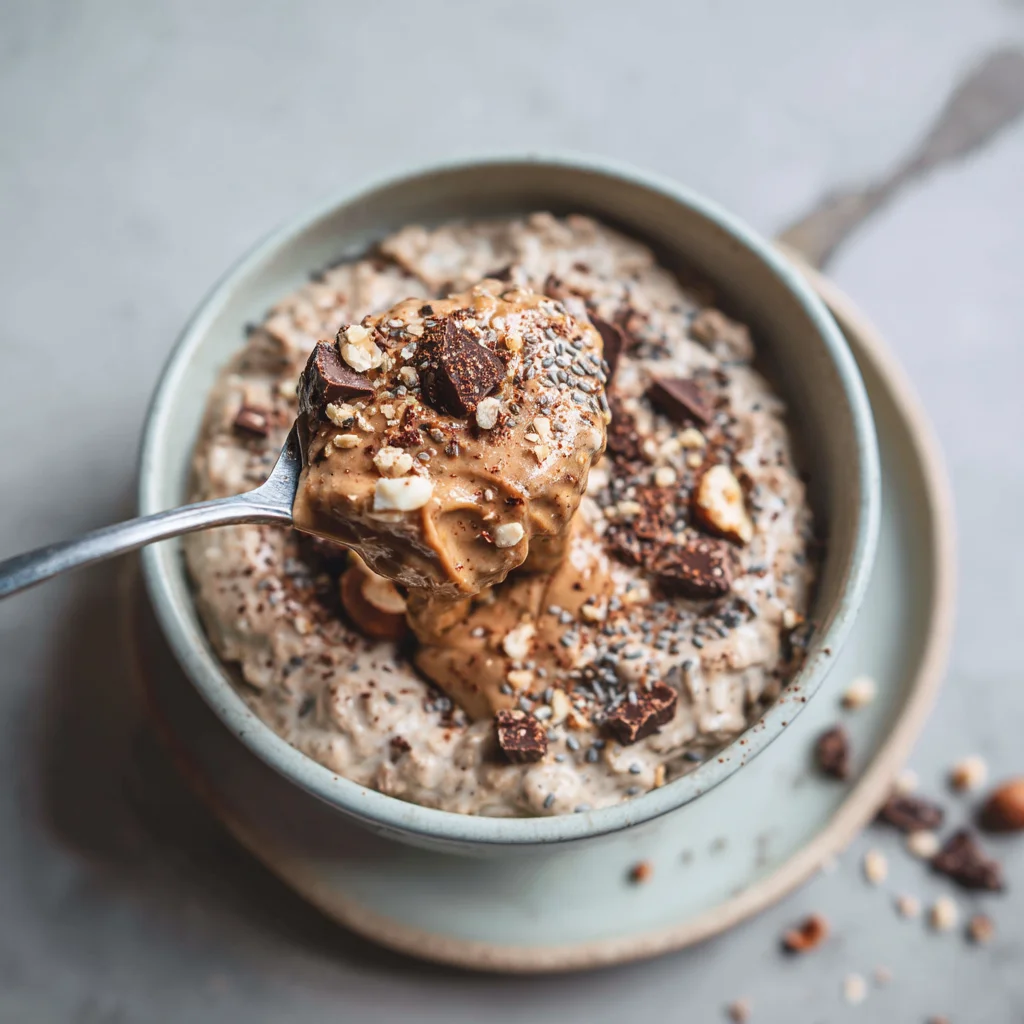creamy chocolate protein overnight oats in jar with banana slices and chia seeds