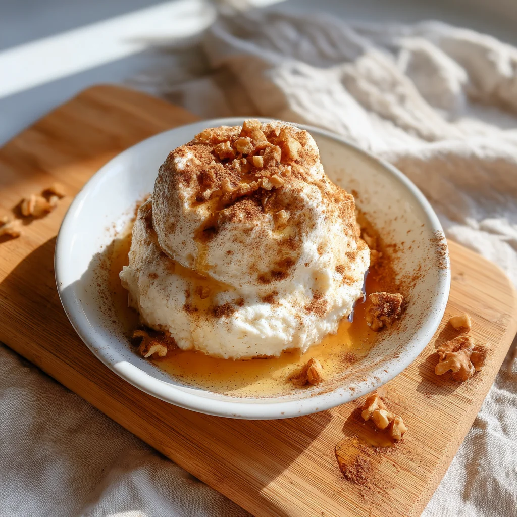 creamy cinnamon cottage cheese bowl with golden edges, drizzled honey, and fresh fruit toppings