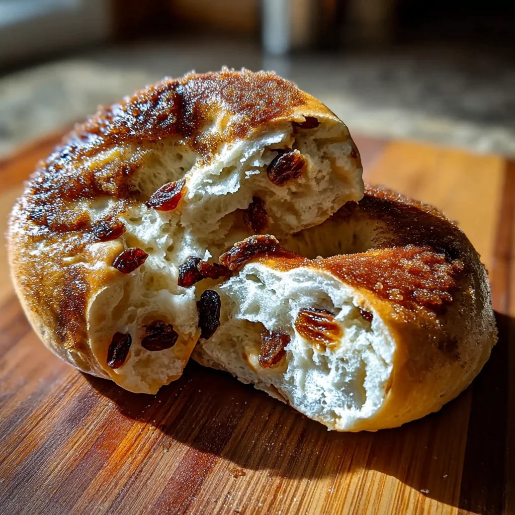 freshly baked cinnamon raisin cottage cheese bagels with golden crust and plump raisins peeking through