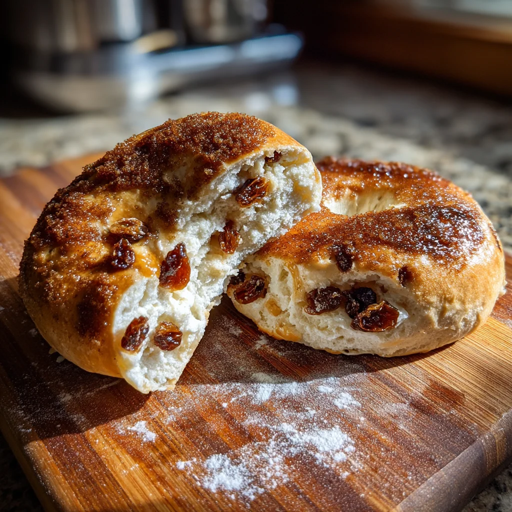 freshly baked cinnamon raisin cottage cheese bagels with golden crust and plump raisins, arranged on a white ceramic plate