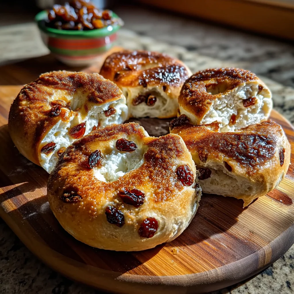 freshly baked cinnamon raisin cottage cheese bagels with golden crust and plump raisins on a rustic wooden board
