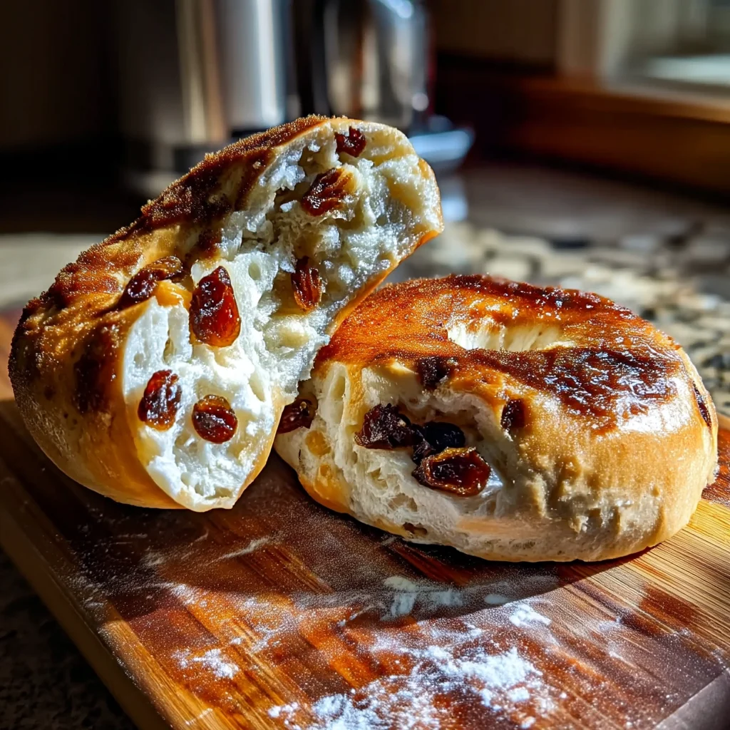 freshly baked cinnamon raisin cottage cheese bagels with golden crusts and visible swirls of cinnamon, ready to serve