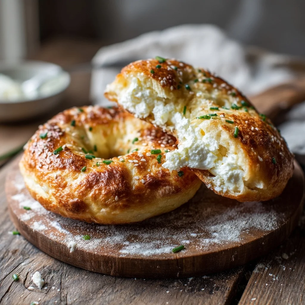 golden brown cottage cheese bagels with crispy edges and soft interior, sprinkled with sesame seeds