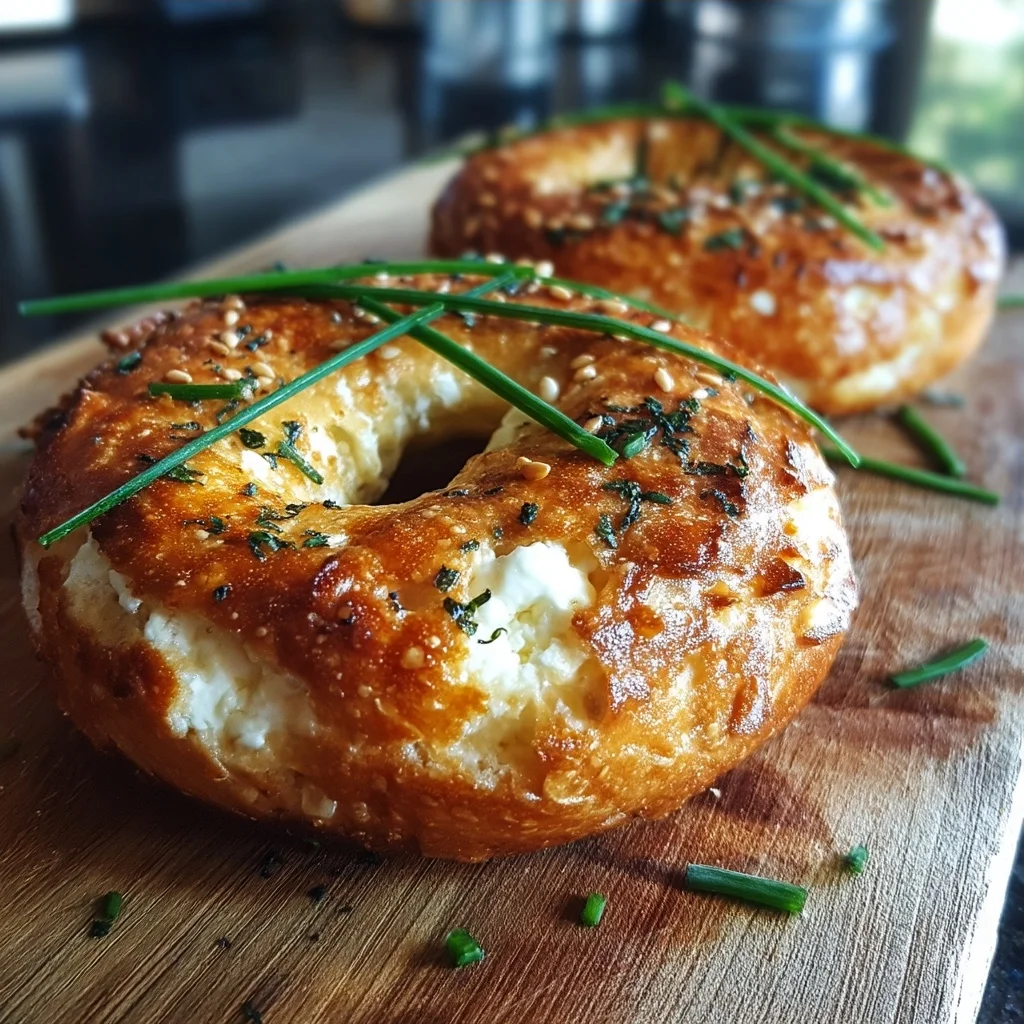 golden brown cottage cheese bagels with shiny glaze and sesame seeds on a rustic wooden board