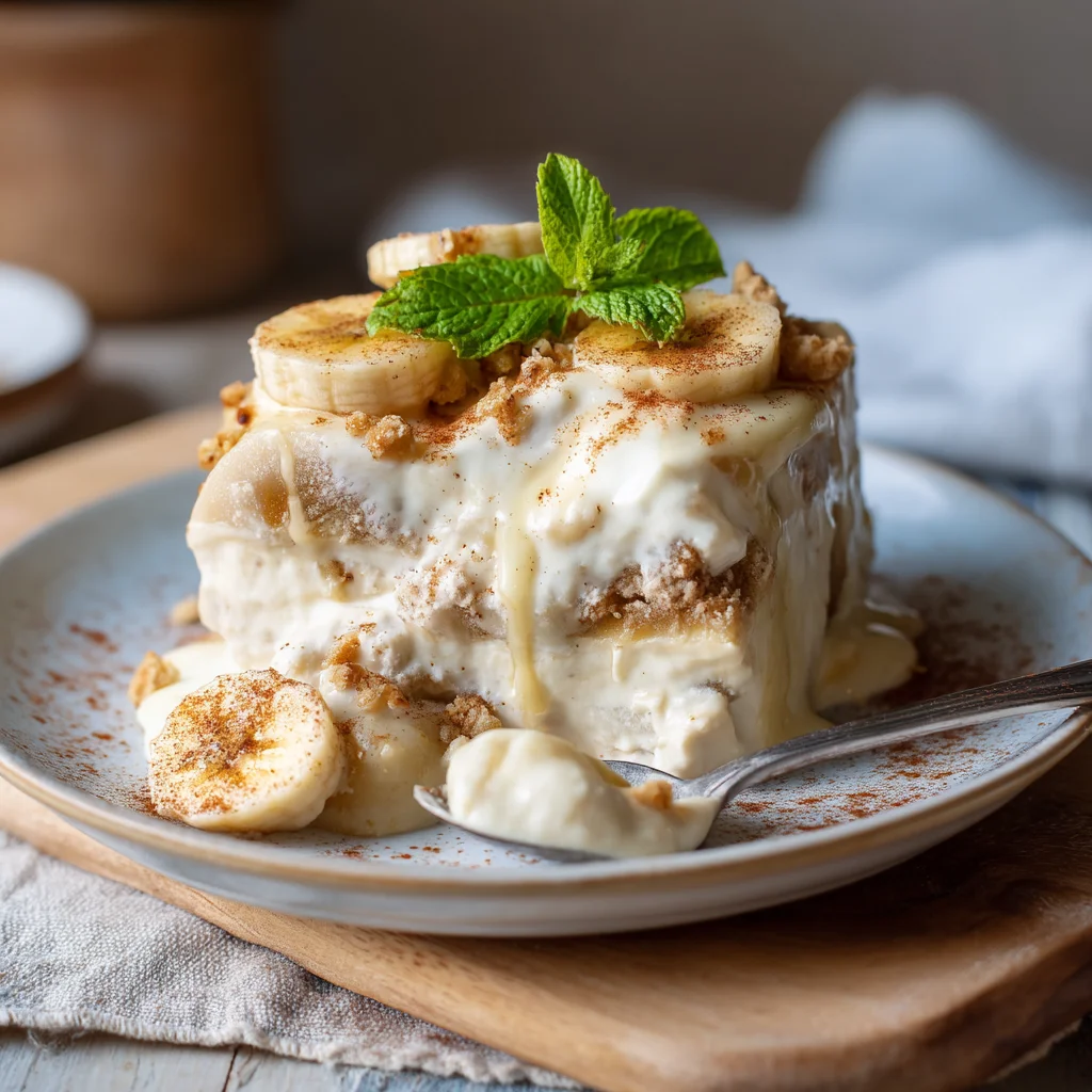 creamy cottage cheese banana pudding in white ceramic dish with golden vanilla wafer layers and fresh banana slices