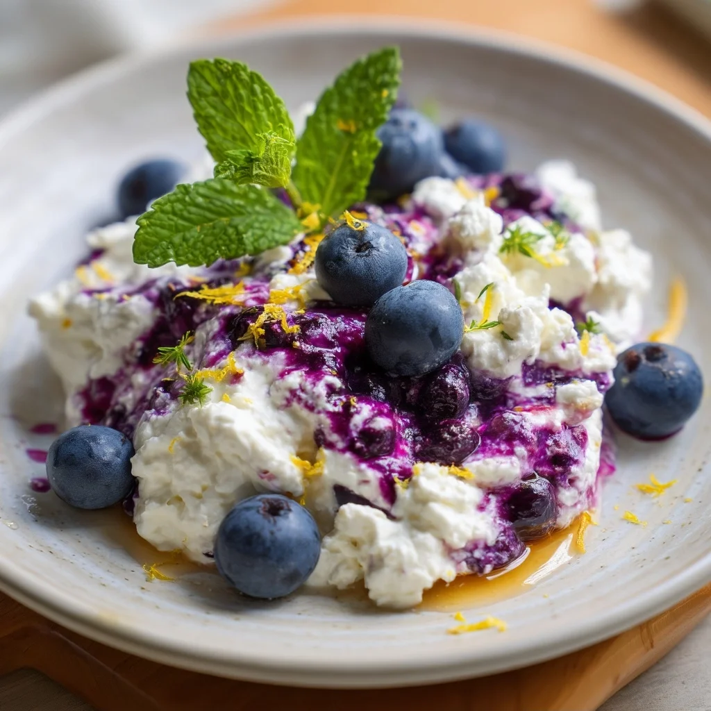 creamy cottage cheese blueberry dip in a white ceramic bowl with fresh blueberries and honey drizzle