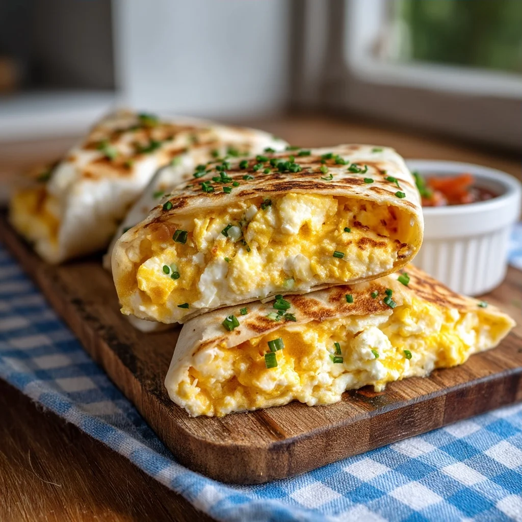 cottage cheese breakfast burritos with golden roasted edges, creamy sauce, and fresh herbs sprinkled on top