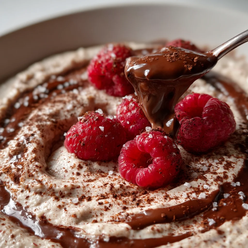 creamy cottage cheese brownie batter dip in a white ceramic dish with glossy chocolate sauce and fresh mint leaves