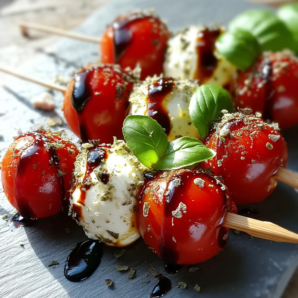 cottage cheese caprese skewers with juicy cherry tomatoes, fresh basil, and creamy mozzarella on wooden sticks