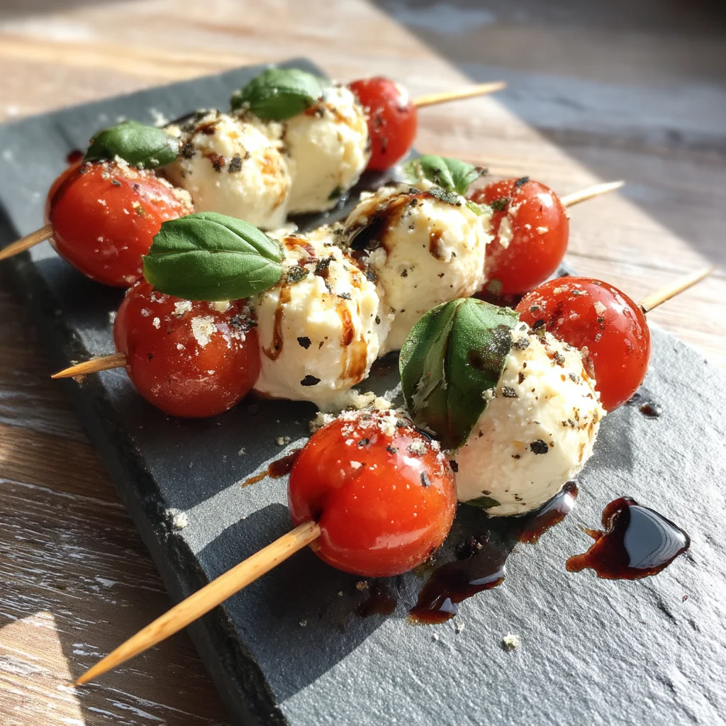 cottage cheese caprese skewers with juicy cherry tomatoes, fresh basil, and creamy mozzarella on wooden skewers