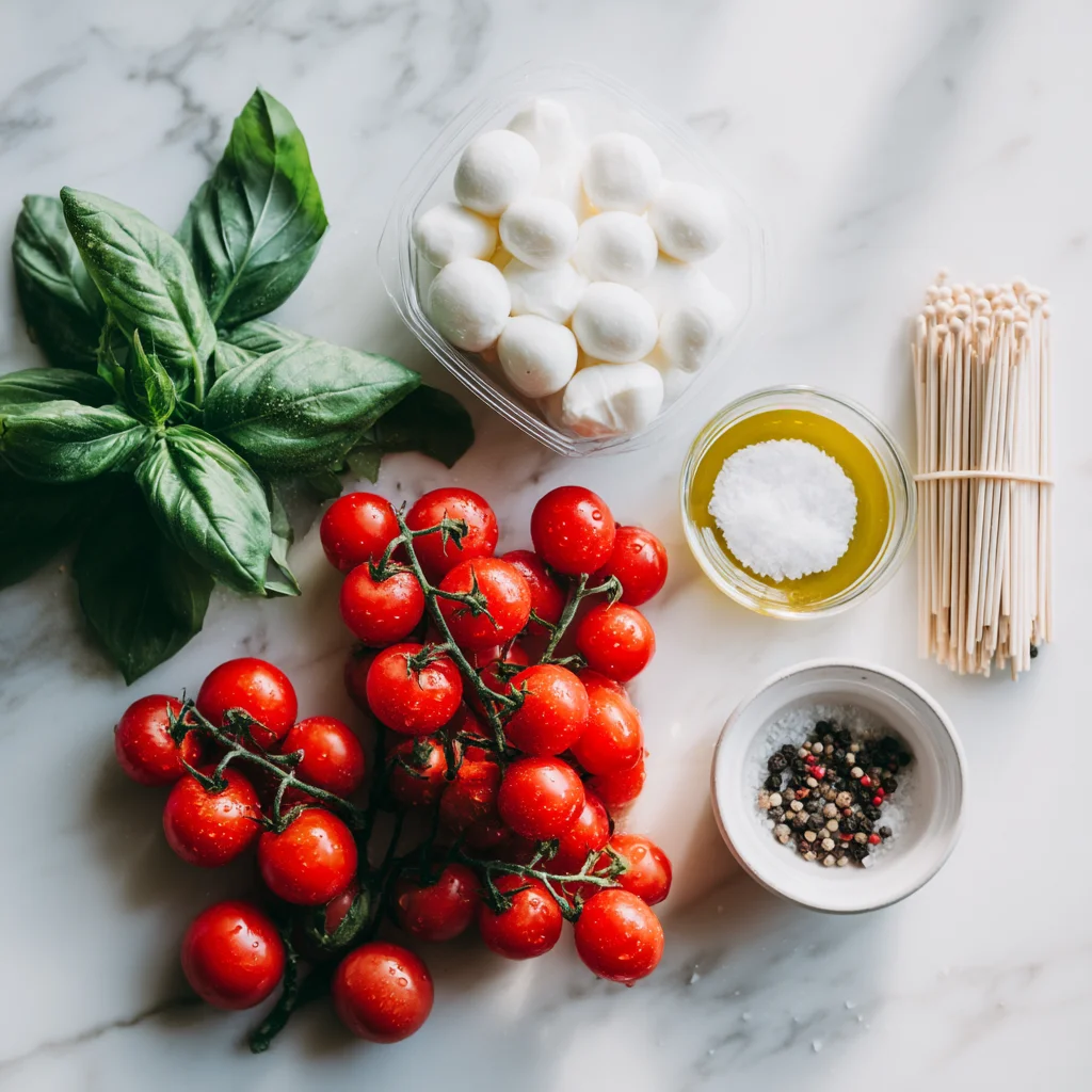 creamy cottage cheese caprese skewers with juicy cherry tomatoes and fresh basil leaves on wooden sticks