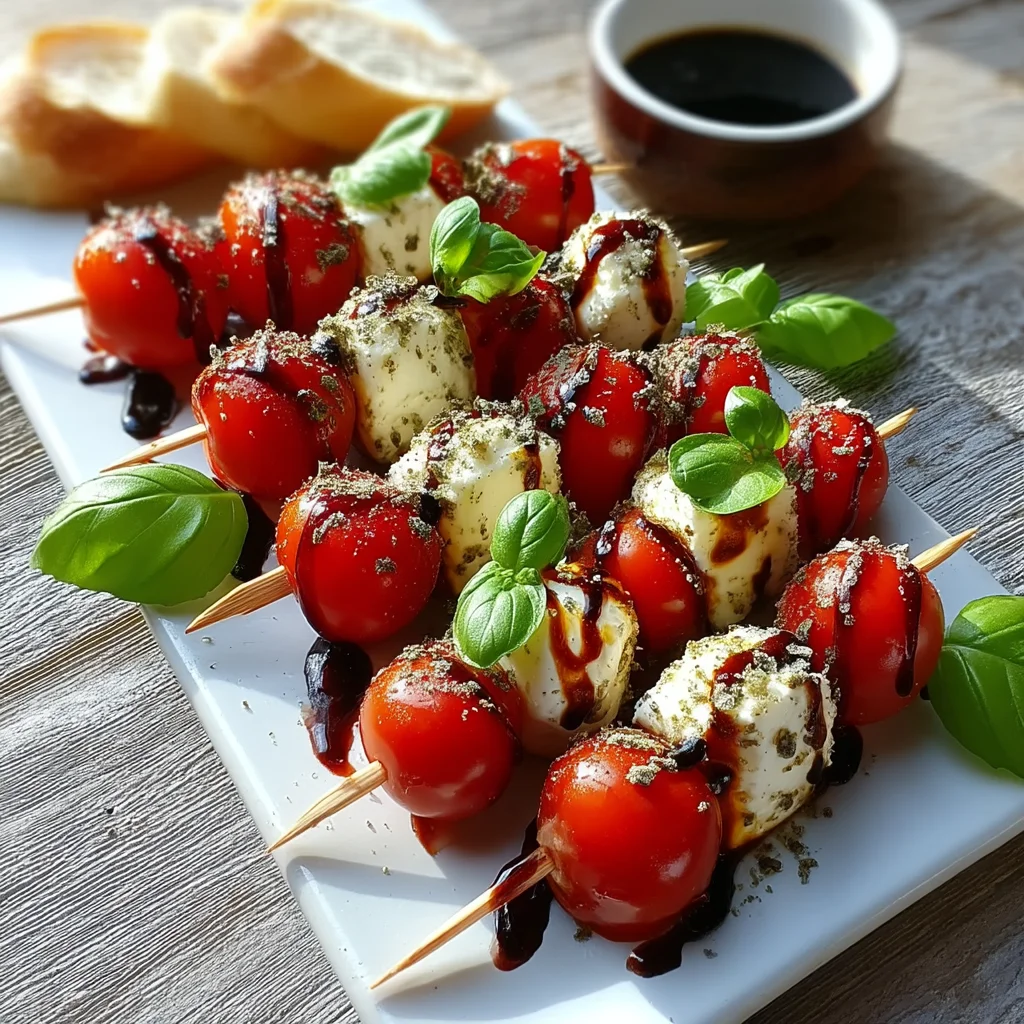 cottage cheese caprese skewers with cherry tomatoes, fresh basil, and balsamic glaze on wooden skewers
