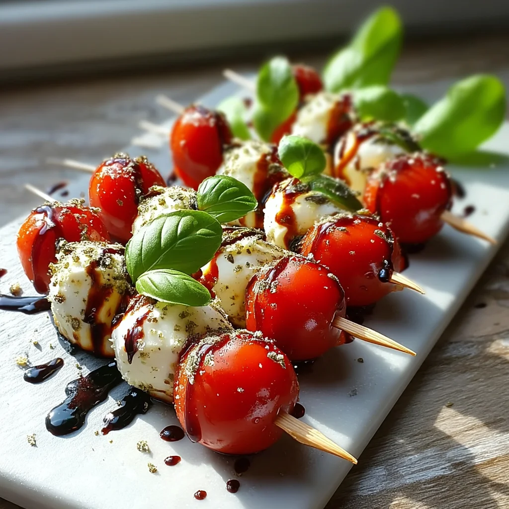 cottage cheese caprese skewers with juicy cherry tomatoes, fresh basil, and creamy mozzarella drizzled with balsamic glaze