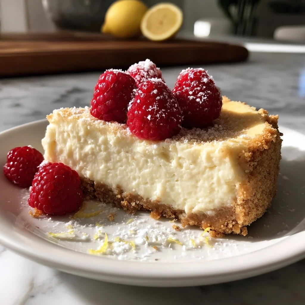 Creamy cottage cheese cheesecake with golden crust and fresh berries on top in a white ceramic dish