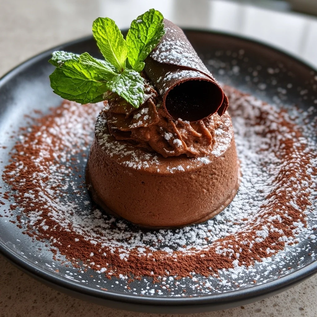creamy cottage cheese chocolate mousse in white ceramic dish with glossy chocolate drizzle and fresh berries