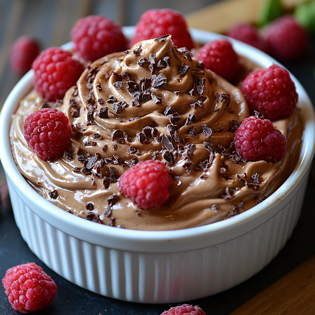 silky smooth cottage cheese chocolate mousse in a white ceramic bowl with glossy chocolate drizzle and fresh berries on top