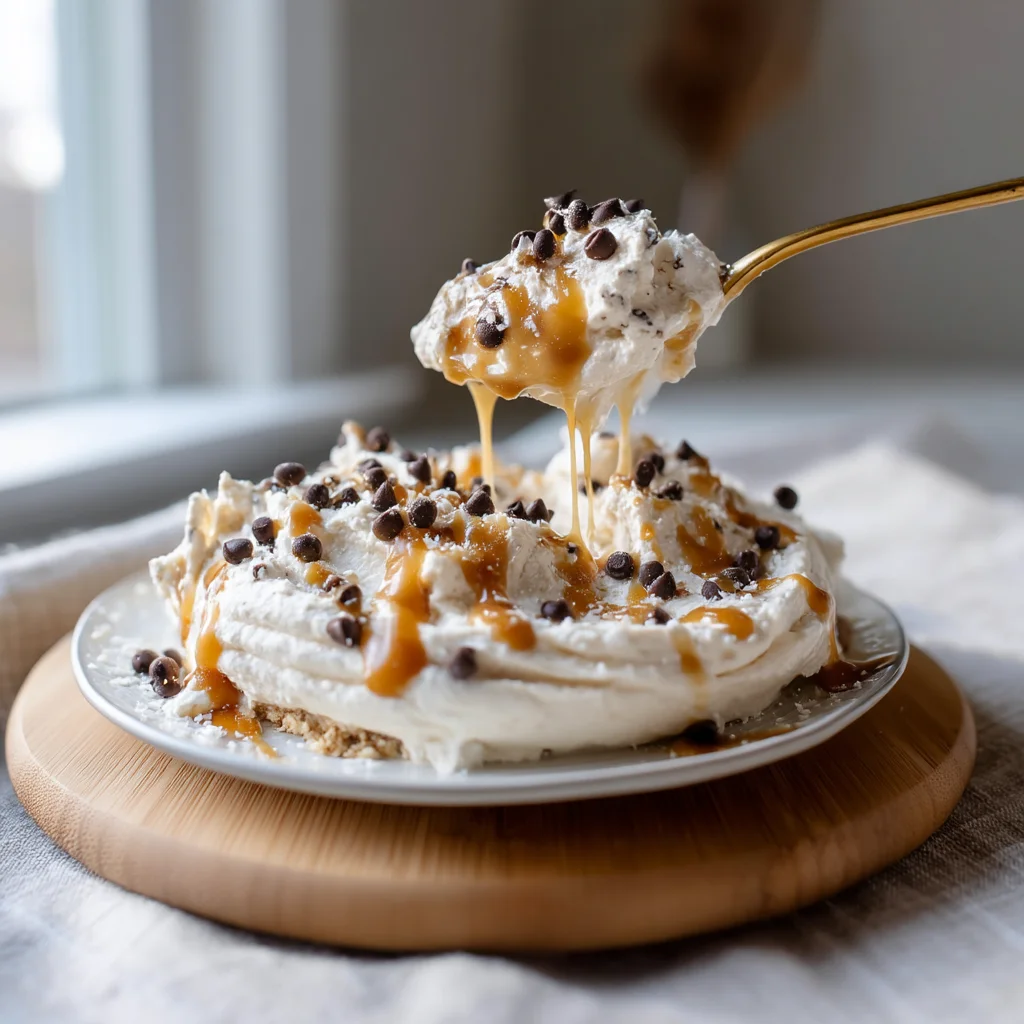 creamy cottage cheese cookie dough dip in white ceramic bowl with chocolate chips and vanilla drizzle