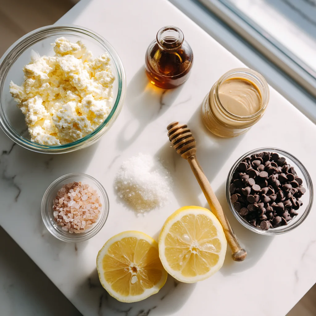 creamy cottage cheese cookie dough dip in a white ceramic bowl with chocolate chips visible