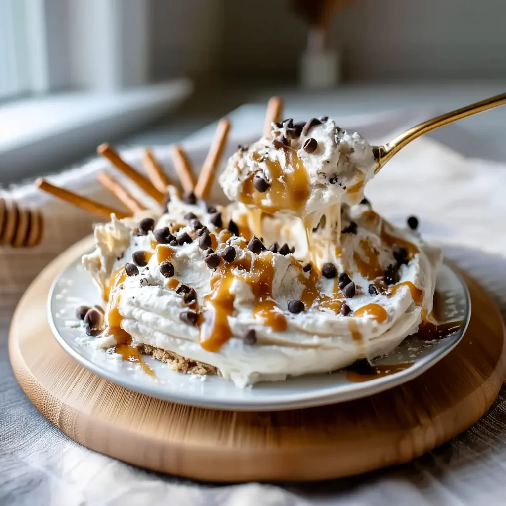 creamy cottage cheese cookie dough dip in white bowl with chocolate chips and vanilla drizzle