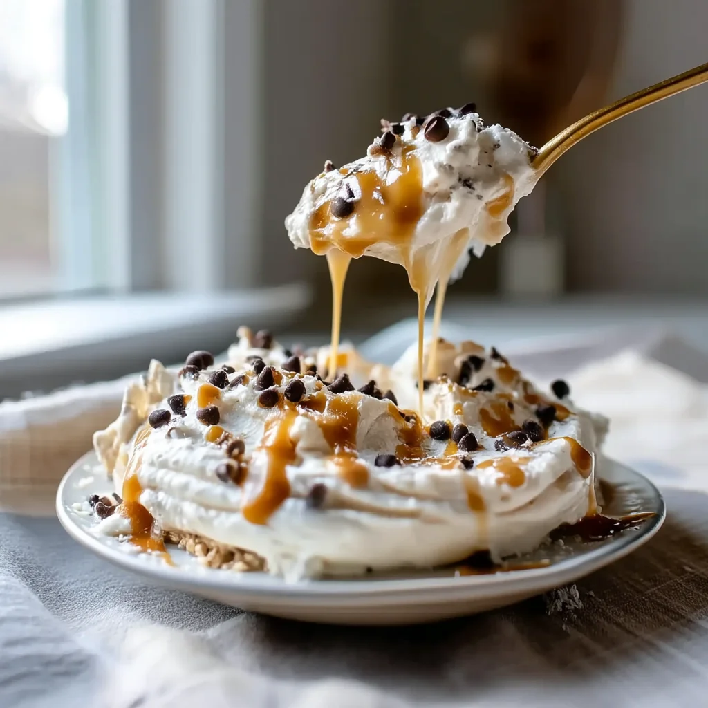 creamy cottage cheese cookie dough dip in a white ceramic bowl with chocolate chips and a spoonful dripping