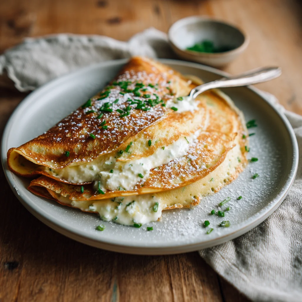 golden cottage cheese crepes with creamy filling on a white ceramic plate, sprinkled with fresh herbs