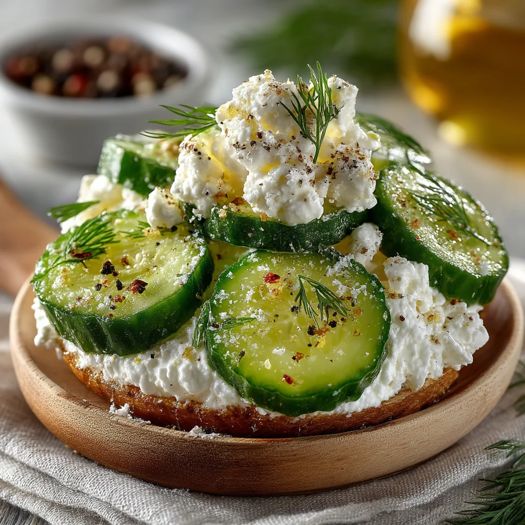 a creamy cottage cheese cucumber snack plate with fresh herbs, sliced cucumbers, and vibrant toppings arranged beautifully