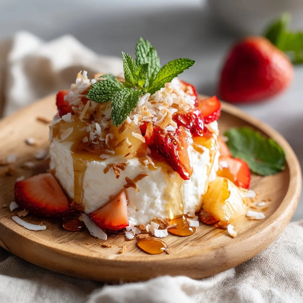 creamy cottage cheese fruit cups with fresh berries and honey drizzle in white ceramic bowls