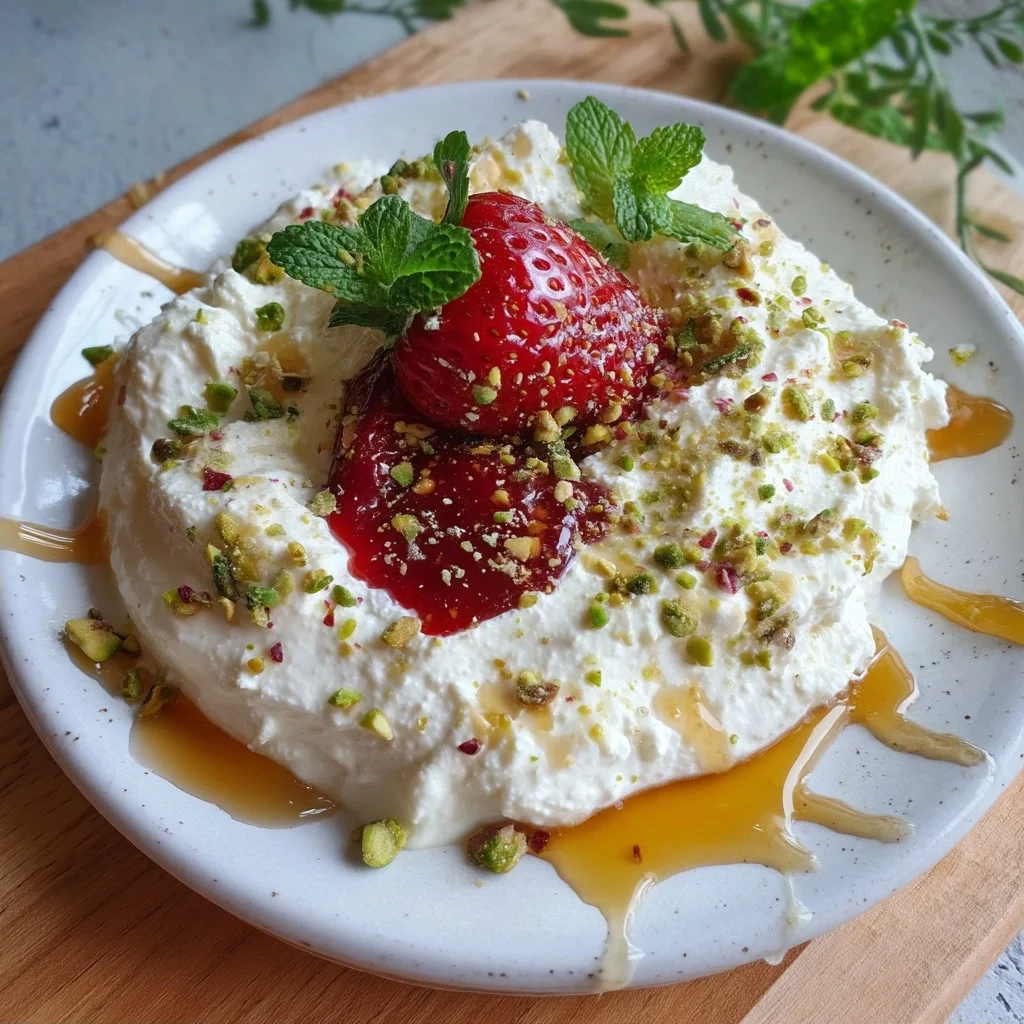 creamy cottage cheese fruit dip with fresh strawberries and honey drizzle in a white ceramic bowl