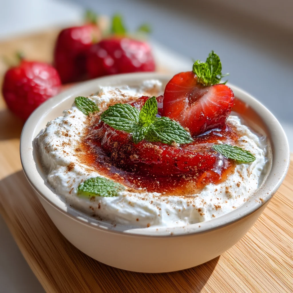 creamy cottage cheese fruit dip with fresh berries and honey drizzle in white ceramic bowl