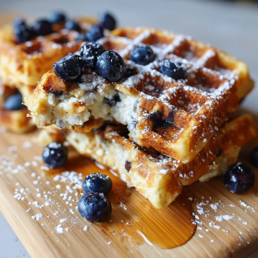 golden crispy cottage cheese high protein waffles with fluffy centers and light syrup drizzle on a white plate