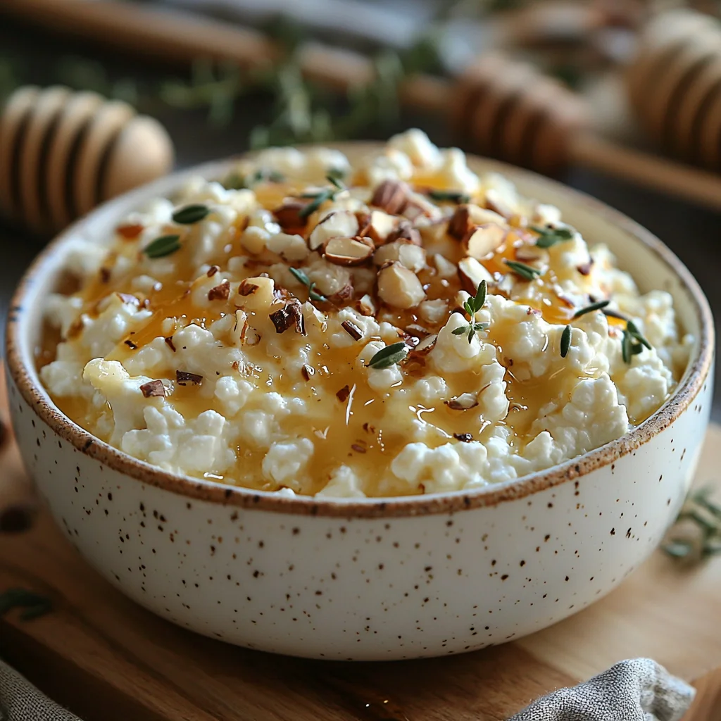 Cottage cheese honey almond bowl with creamy texture, golden almonds, and drizzled honey in a white ceramic dish