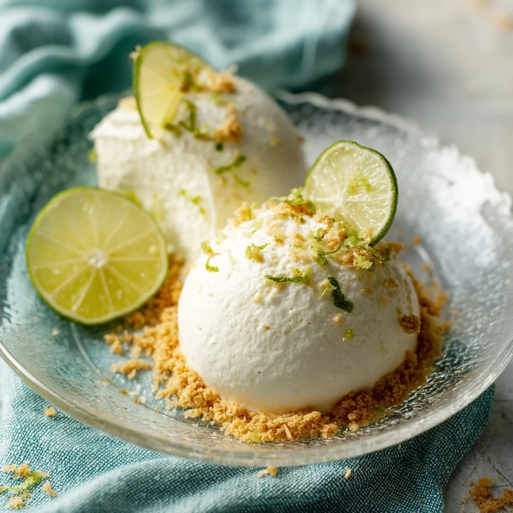 creamy cottage cheese key lime mousse in white ceramic dish with vibrant green swirls and graham cracker crumbs