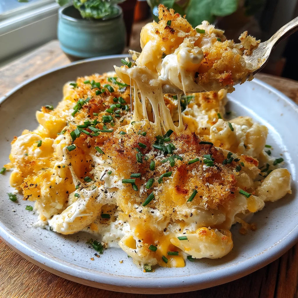 creamy cottage cheese mac and cheese with golden crust in white ceramic dish, fresh herbs on top