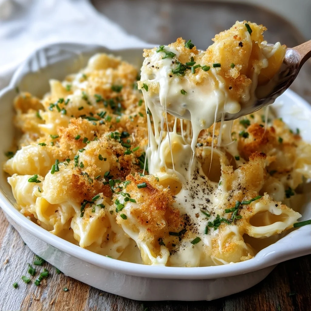 creamy cottage cheese mac and cheese with golden roasted edges in a white ceramic baking dish
