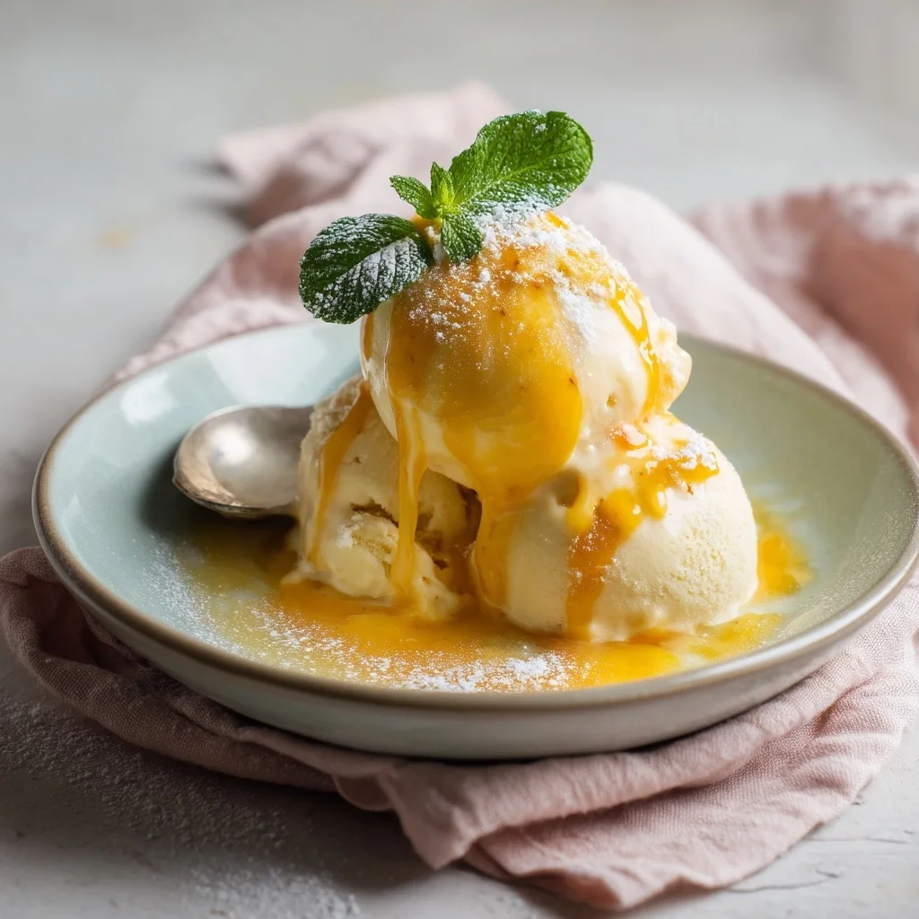 creamy cottage cheese mango sorbet in a white ceramic dish with fresh mango slices and mint garnish