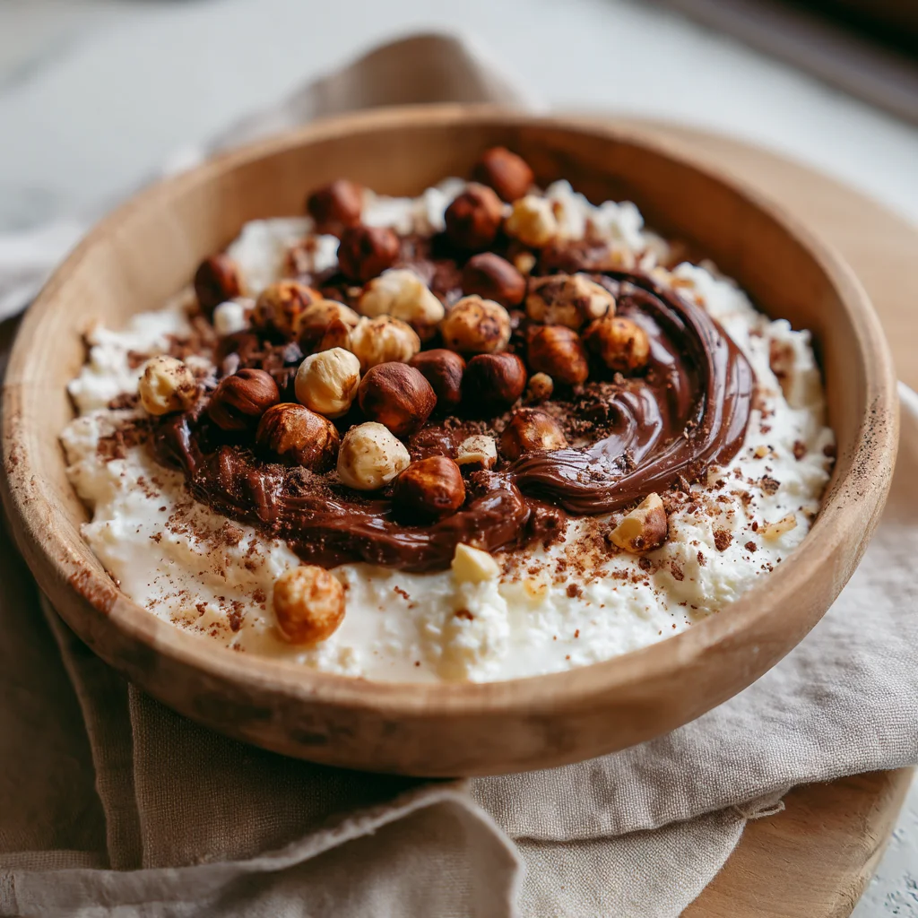 creamy cottage cheese Nutella bowl with glossy chocolate sauce, topped with fresh berries and crushed nuts
