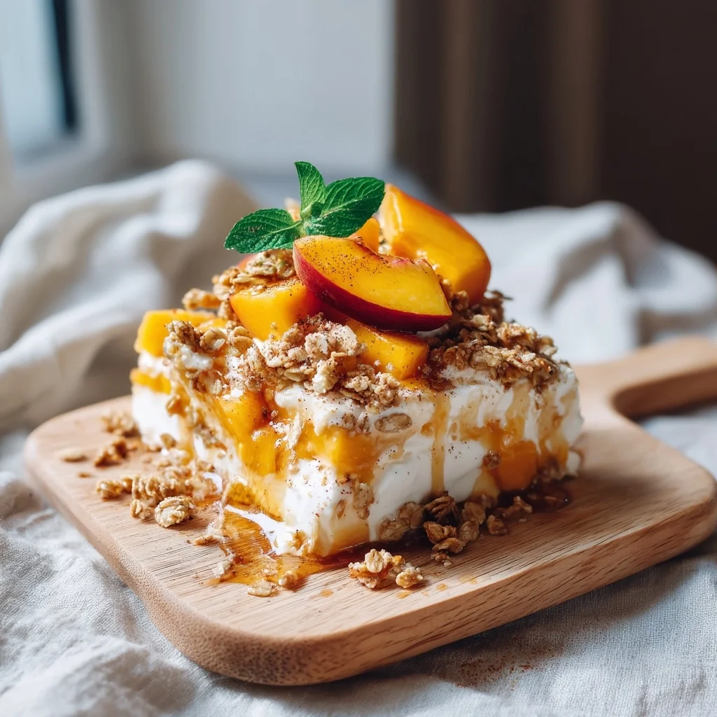 layered cottage cheese peach parfait with fresh peach slices and granola topping in a clear glass