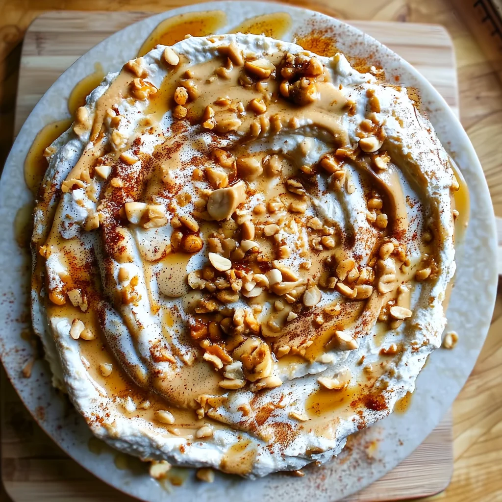 creamy cottage cheese peanut butter dip with smooth texture and light drizzle, perfect for fruit or crackers