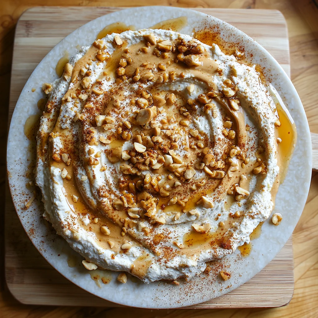 creamy cottage cheese peanut butter dip in a white ceramic dish, topped with crushed peanuts and drizzled with honey