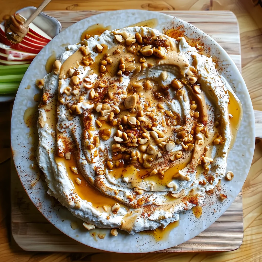 creamy cottage cheese peanut butter dip in white ceramic bowl with glossy texture and fresh herb garnish