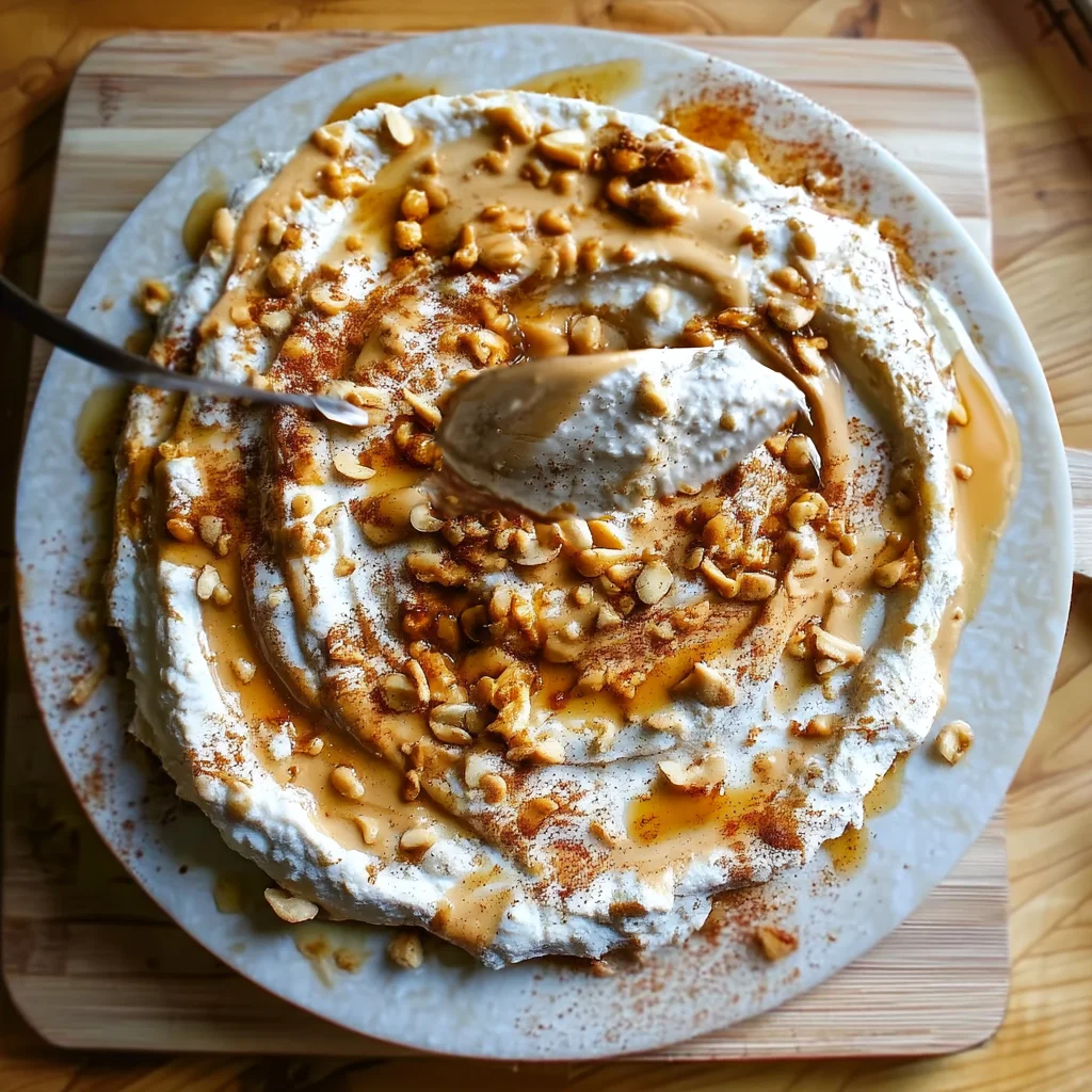 creamy cottage cheese peanut butter dip in white ceramic dish with golden edges and glossy texture